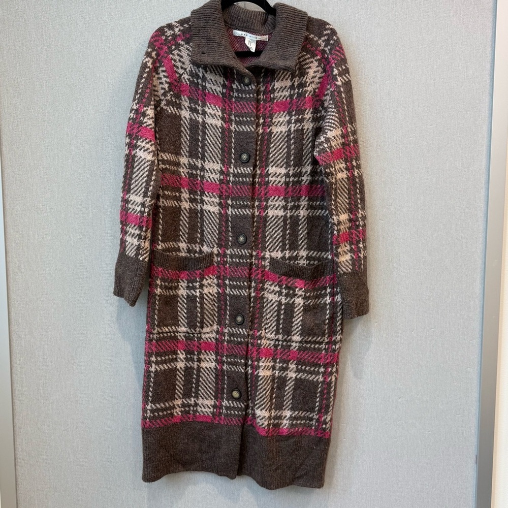 MAX STUDIO Plaid Knit Sweater Coatigan Medium Brown Pink Long Cardigan‎ Coat
